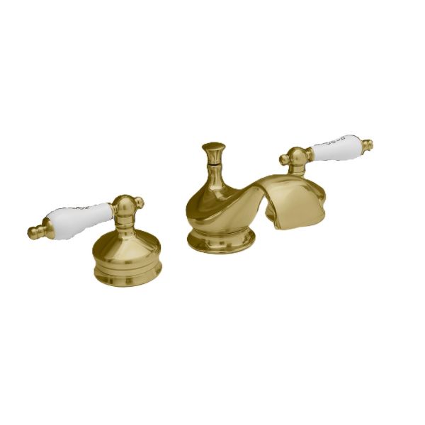 Mila Widespread Bathroom Sink Faucet - Porcelain Lever Handles - Brushed Brass