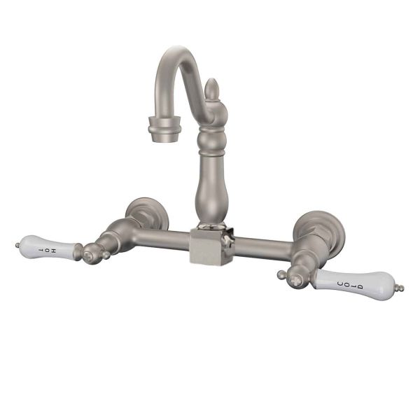 Wall Mounted Bridge Kitchen Faucet with Porcelain Lever Handles - 7 Inch Spout Reach