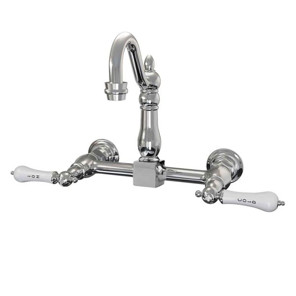 Wall Mounted Bridge Kitchen Faucet with Porcelain Lever Handles - 7 Inch Spout Reach