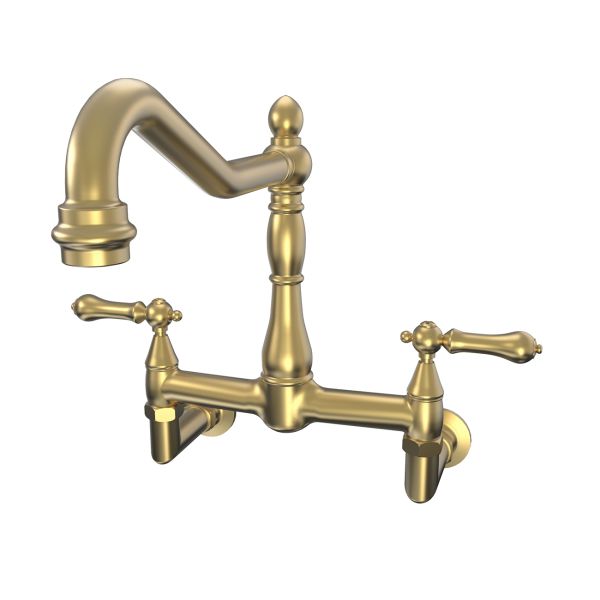 Audrey Wall Mount Kitchen Faucet - Metal Lever Handles - Brushed Brass