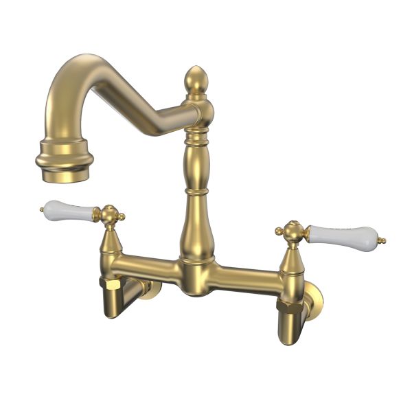 Audrey Wall Mount Kitchen Faucet - Porcelain Lever Handles - Brushed Brass