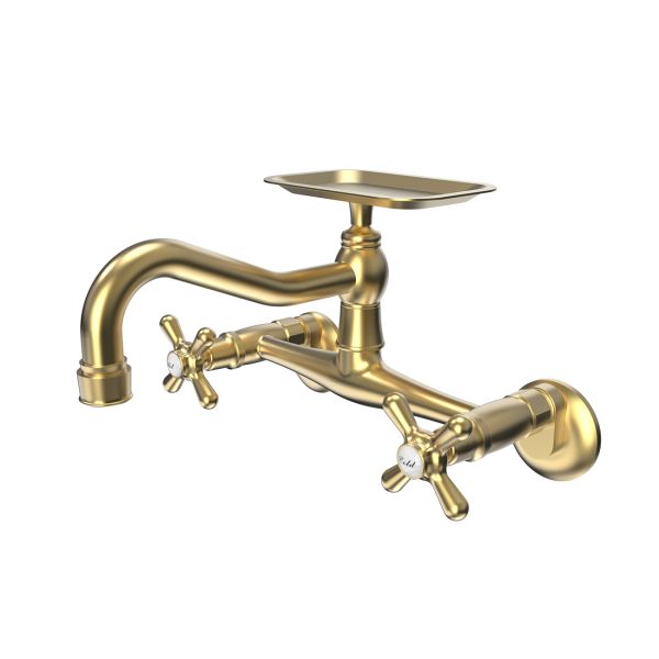 Wall Mount Kitchen Faucet - Metal Cross Handles - Brushed Brass