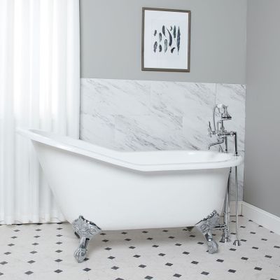 IMPERIAL 62 INCH CAST IRON CLAWFOOT SLIPPER TUB -  RIM FAUCET DRILLINGS 